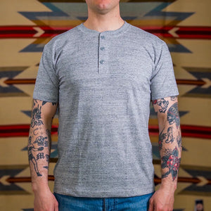 Whitesville 7oz Tubular Knit Henley TShirt Heather Grey worn front