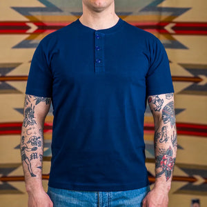 Whitesville 7oz Tubular Knit Henley TShirt Navy worn front