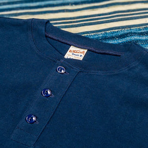 Whitesville 7oz Tubular Knit Henley TShirt Navy close up neck
