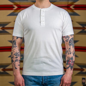 Whitesville 7oz Tubular Knit Henley TShirt off white worn front