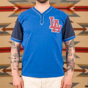 Whitesville Los Angeles Baseball Henley Royal Blue worn front
