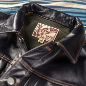 Y2 Leather Indigo Dyed Horsehide Type 2 Leather Jacket detail collar and neck lablel