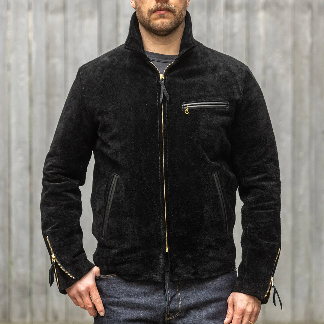 Y2 Leather Steer Roughout Single Riders Leather Jacket Black worn front