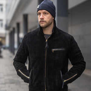 Y2 Leather Steer Roughout Single Riders Leather Jacket Black worn mood shot