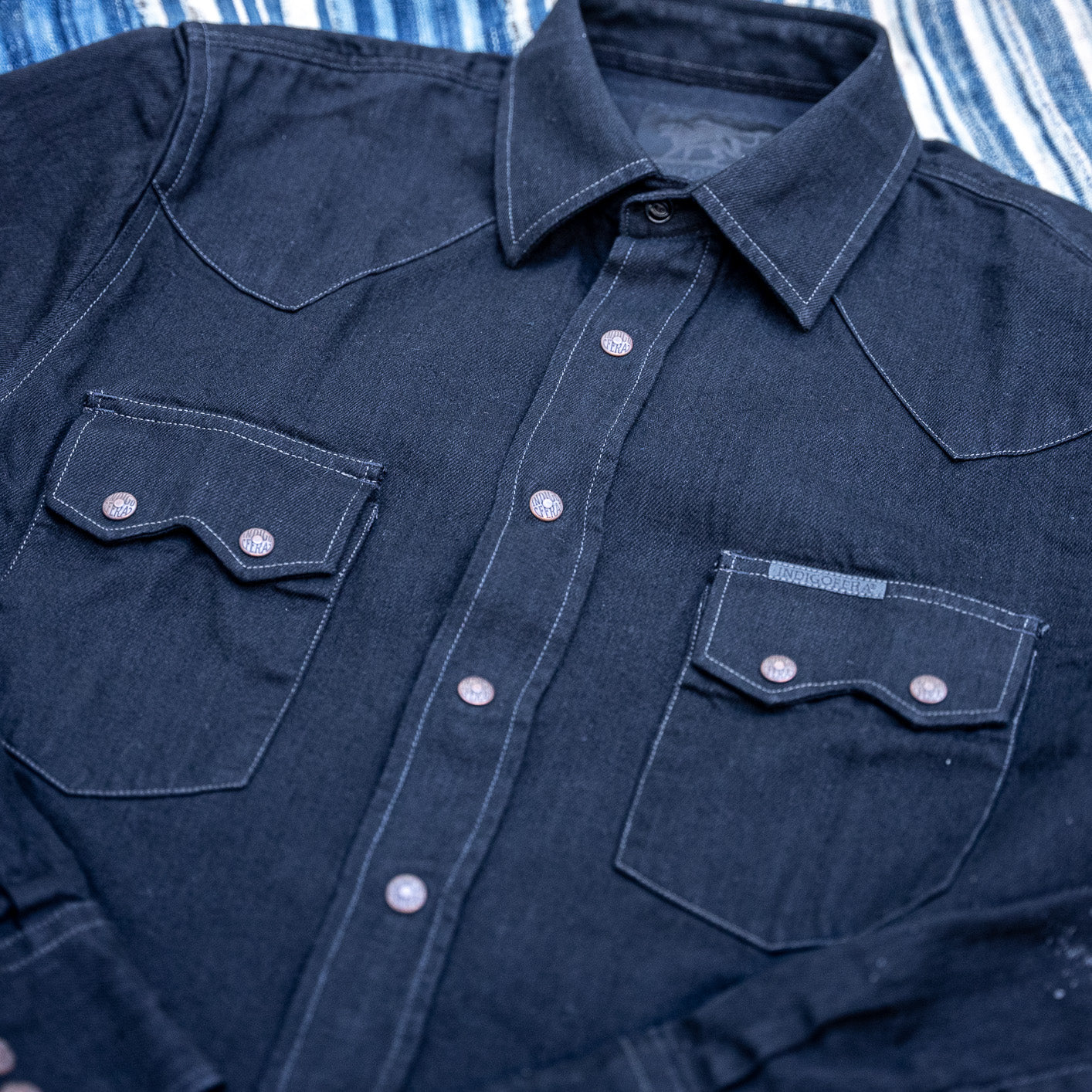 Pure Blue Japan 8oz Stretch Denim Western Shirt (Black) - CORLECTION