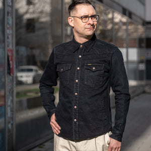 Iron Heart 18oz Vintage Selvedge Denim CPO Shirt – Black Overdyed