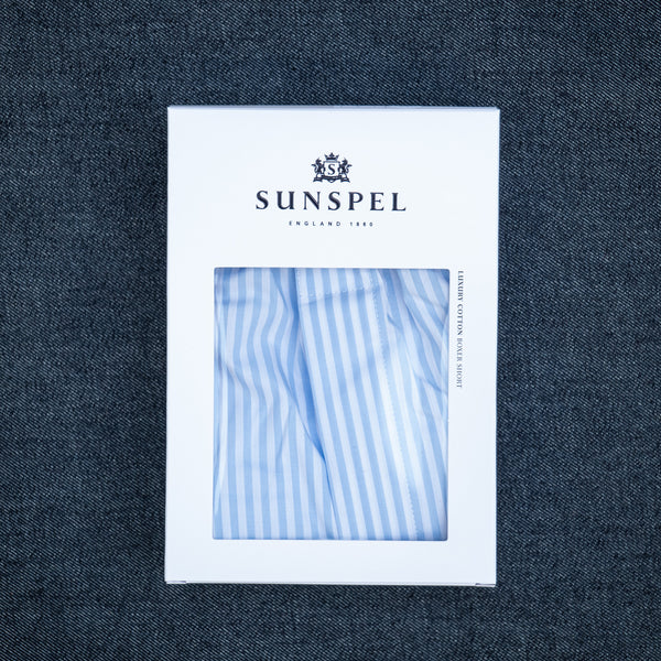 Sunspel Woven Boxer Short – Bar Stripe / Light Blue